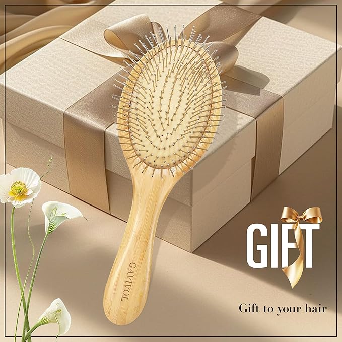 Bamboo Paddle Hairbrush with Steel Bristles for Anti-Static Detangling & Scalp Massage – Wooden Handle Brush for Hair Growth, All Hair Types