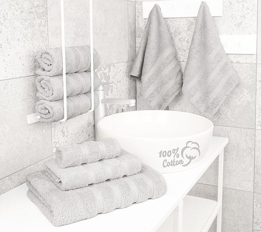 American Soft Linen Luxury 6 Piece Towel Set, 2 Bath Towels 2 Hand Towel 2 Washcloths, 600 GSM 100% Cotton Turkish Towels for Bathroom, Silver Grey Towel Sets