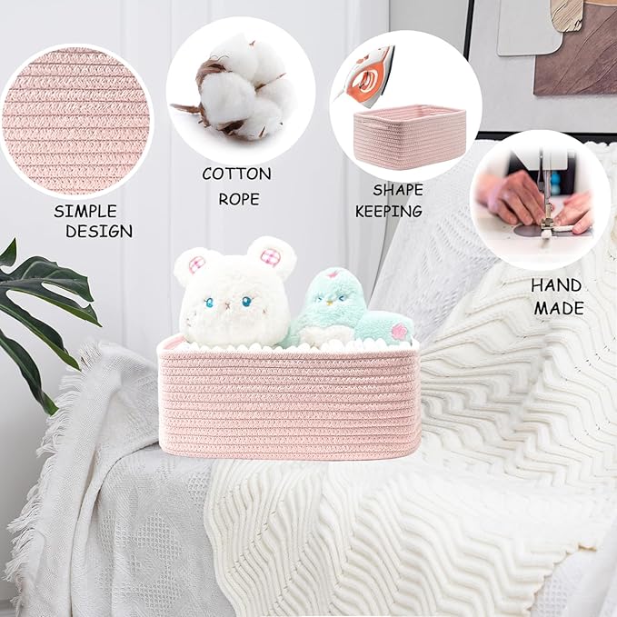 COMFY-HOMI 11.5"x7.5"x4.7" Storage Baskets for Organizing | Cotton Rope Woven Basket | Toy Storage Bin Box | Basket for Shelves, Closet Organizer Bin, Decorative Closet Shelf, 3 Pack, all pink