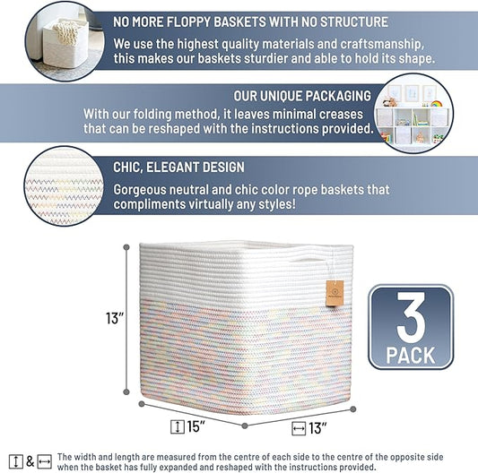 NaturalCozy 13x15x13 Kallax Storage Cubes Bins, 3 Pack | Cotton Rope Cube Storage Bin Woven Baskets for Organizing | Kallax Insert Storage Baskets for Shelves Organizer, Kids Toy, Closet Baby Nursery