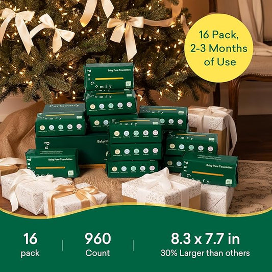 PurComfy Baby Dry Wipes for Newborn, 16 Pack Plant-Based & Hypoallergenic Disposable Cloths for Baby Diaper Changes, Meal Time & Runny Noses, Use Wet or Dry, Total 960 Count