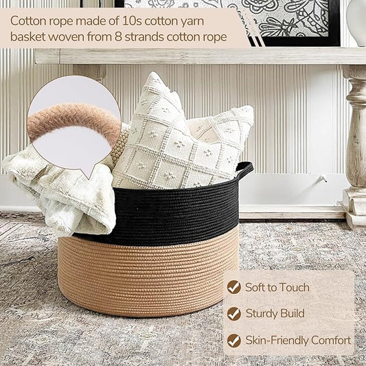 INDRESSME XXXLarge Cotton Rope Basket Woven Baby Laundry Basket Blanket Baskets Toy Baskets with Handle Comforter Cushions Storage Bin Thread Laundry Hamper - 21.7" x 21.7" x 13.8"