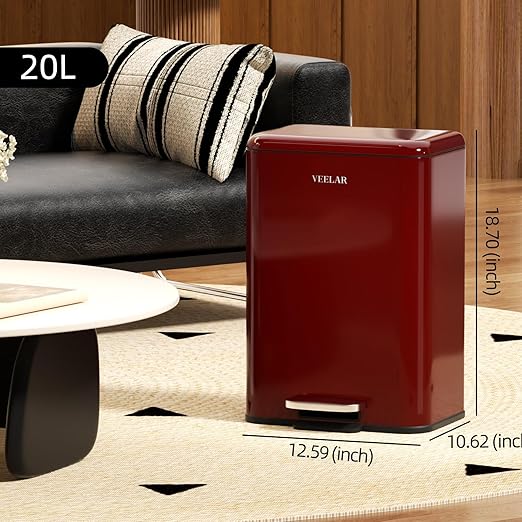 5 Gallon Bathroom Trash Can - Room Step Garbage Can with Lid, Stainless Steel Trash Bin for Kitchen Living Room Bedroom Commercial Restaurant Office (Red, 20Liter / 5.5Gallon)