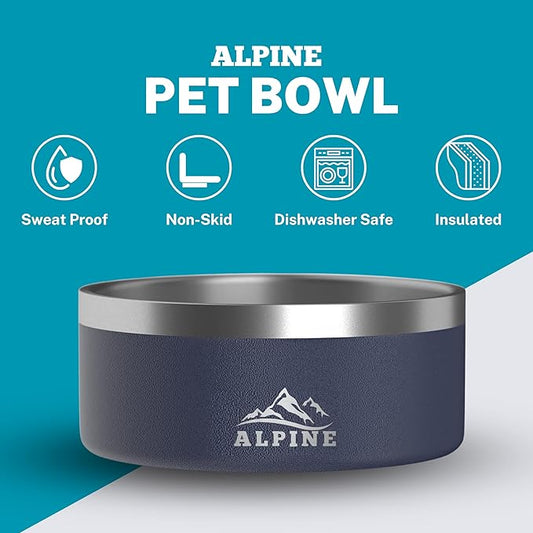ALPINE Set of 2 Stainless Steel Dog Bowls, Non Slip, Metal Pet Bowl for Food and Water, Double Walled Insulated, Rustproof, Dishwasher Safe (32 oz, Navy)