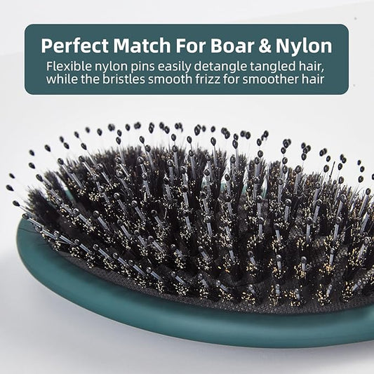 Boar Bristles Hair Brush for Women and Men, Detangling Hair Brush for Smoothing Massage Add Shine, Nylon&Boar Bristles Detangler brush for Hair Healthy (1 Pack-Green)