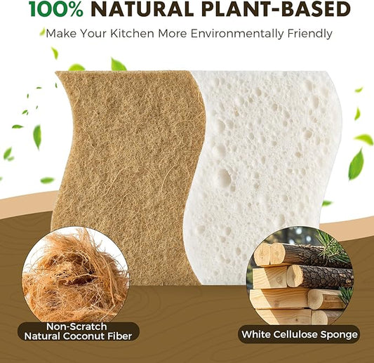 COBETE 12 Pack Natural Biodegradable Kitchen Non Scratch Sponges,Compostable Plant Based Coconut Cellulose Sponge,Eco Friendly Reusable Dish Scrubber Sponge for Pots, Pans & Household Cleaning