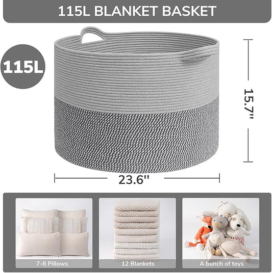 INDRESSME 115L Extra Large Blanket Basket, Cotton Rope Basket for Nursery Living Room, Decorative Woven Storage Baskets with Handles for Dirty Clothes, Toy Bin For Dog Toys, Grey
