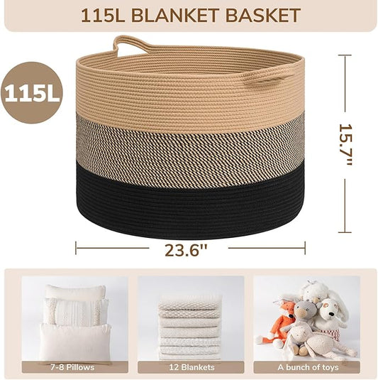 INDRESSME 115L Extra Large Blanket Basket for Apartment Décor, Woven Baby Laundry Hamper Shoe Basekts for Entryway, Wicker Storage Basket for Organizing, Camel Mix & Black