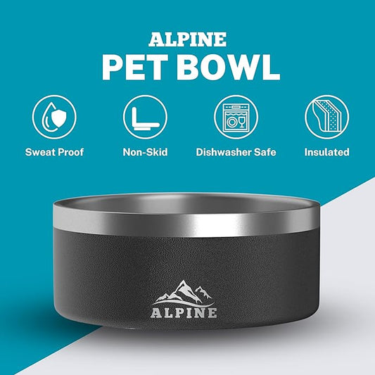 Alpine Set of 2 Stainless Steel Dog Bowls, Non Slip, Metal Pet Bowl for Food and Water, Double Walled Insulated, Rustproof, Dishwasher Safe- 32 Ounces - Black/White (AB)