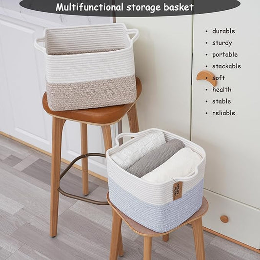 COMFY-HOMI 3PACK Cotton Rope Square Baske with Handles for Shelves|Dog Toy Baske Bin and Storage|Baby Baske for Gift|Shoe Baske for Organizing|13.5" x 11" x 9.5" for Living Room(White/Blue)