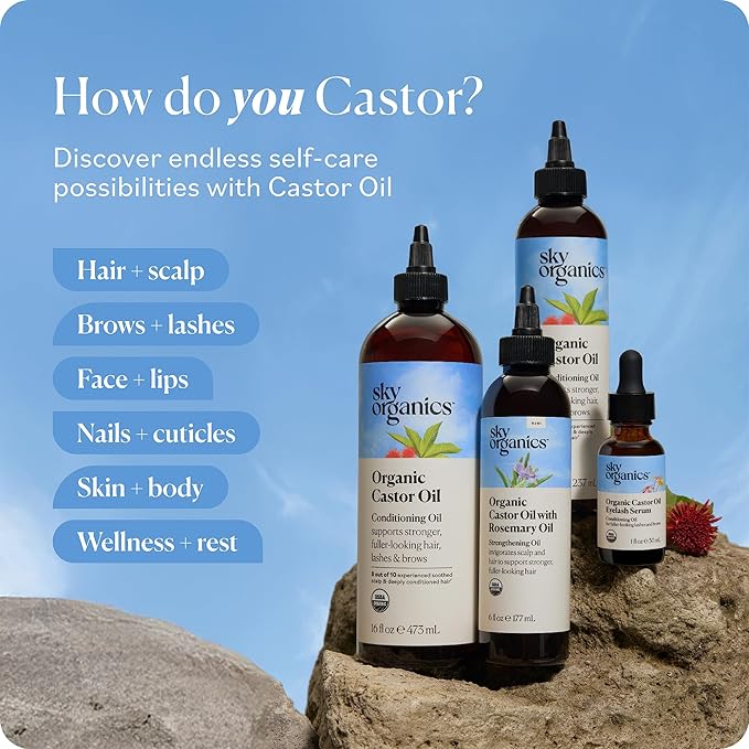Sky Organics Castor Oil - USDA Certified Organic Hair Oil for Hair Growth, Skin, Face, Eyelashes - Cold Pressed & Hexane Free - Pure Organic Castor Oil Pack Wrap - Carrier & Hair Treatment Oil
