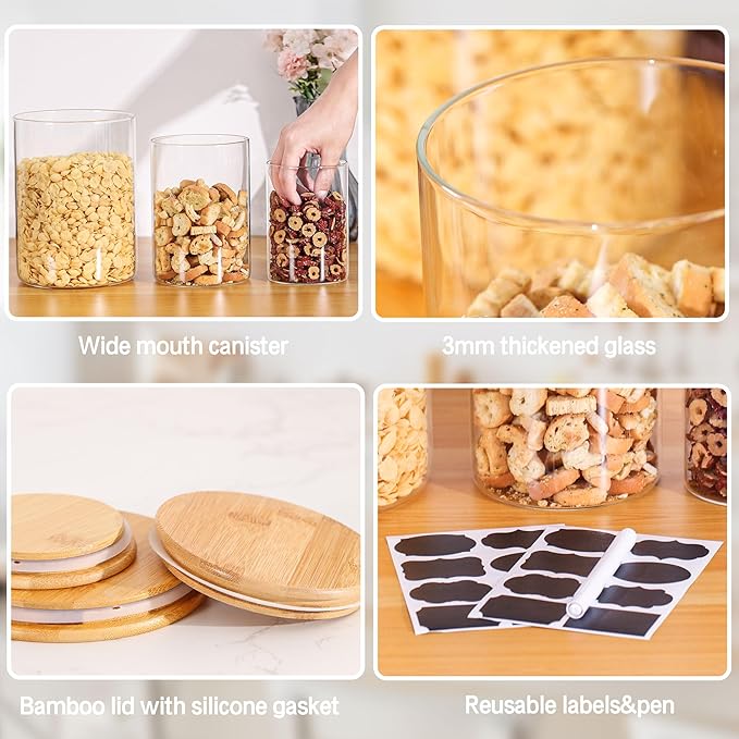 Glass Flour Storage Containers with Lids, Glass Jars with Bamboo Lids, Large Food Storage Jar, Sugar, Pantry Storage Container for Pasta Rice Flour Oats Nuts Tea Spice (Round 27oz+54oz+100oz)
