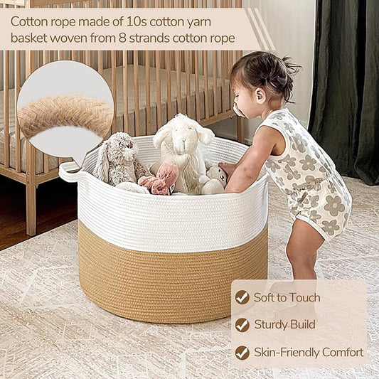 INDRESSME XXXLarge Jute Rope Basket 21.7" x 21.7" x 13.8" Woven Baby Laundry Baskets for Blankets Toys Storage Basket with Handle Comforter Cushions Storage Bins Thread Laundry Hamper