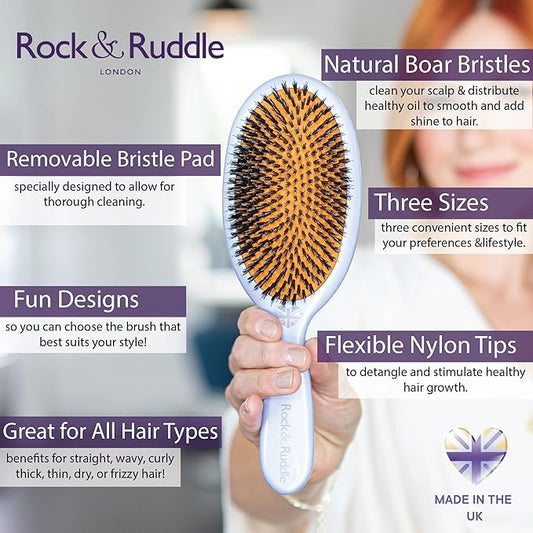 Rock & Ruddle Natural Mixed Boar Bristle Hair Brush for Women and Kids (Large, 21 cm) - Perfect for Wet or Dry Hair, Detangling Smoothing Blowdrying - Designed & Made in UK - Swallows Design