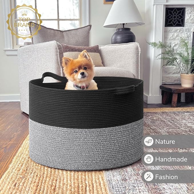 INDRESSME 115L Extra Large Cotton Rope Blanket Basket, Woven Basket for Toy Storage Organizer & Laundry Toy Box for Living Room Area & Nursery Room, Black & Grey