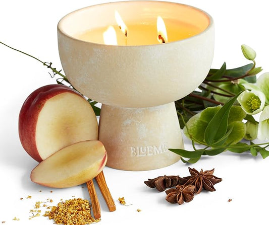 BLUEME Calm - Osmanthus & Sandalwood, Luxury Candle w/Essential Oils, 3 Wick, Hand-Poured Soy, Cotton Wick, Ceramic