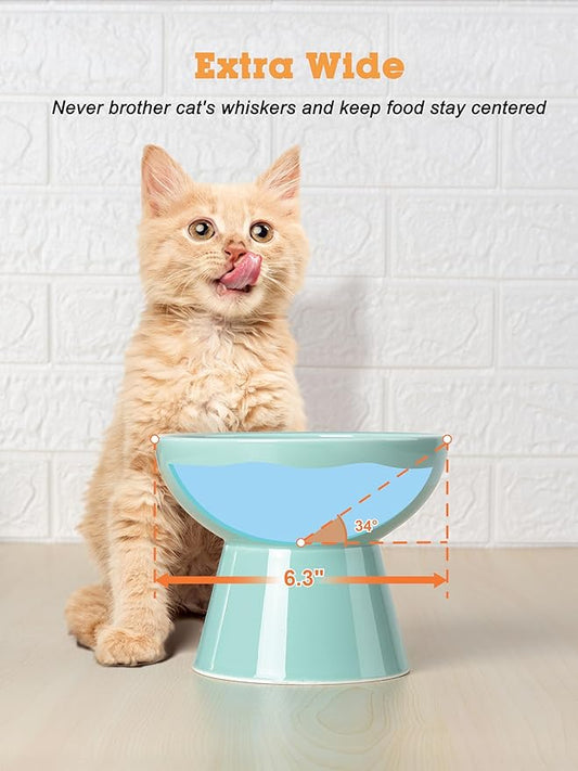 LoeJan Elevated Cat Food and Water Bowls Set, Extra Wide and Raised Ceramic Feeder, Anti-Vomit Whisker-Free Pressure Feeding Bowl for Kittens Adult Small Dogs (Blue)