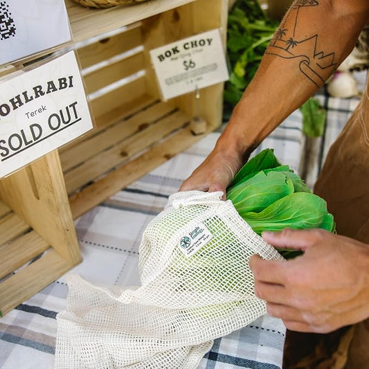 Simple Ecology Reusable Produce Shopping and Storage Bags, Drawstring, Washable Organic Cotton Mesh, Large 3 pack