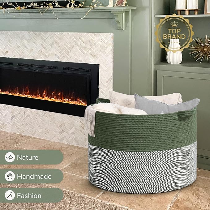 INDRESSME 115L Extra Large Cotton Rope Blanket Basket, Home Decor Laundry Storage Basket for Organizing Bedroom, Living Room, Nursery, Toy Storage for Colthes Towel, Green