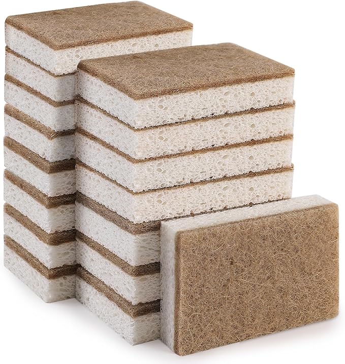 Natural Dish Sponges 16 Pack - Biodegradable Sponge Kitchen Compostable Cellulose Coconut Scrubber - No Scratch Cleaning Sponges