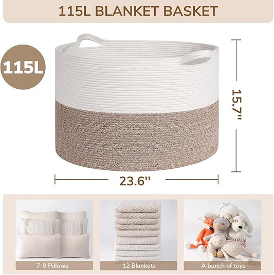 INDRESSME 115L Extra Large Blanket Basket, Soft Cotton Rope Storage Basket for Organizing, Home Decor, Toys, Laundry & Towels, Toy Storage Organizer for Living Room & Nursery, White & Brown