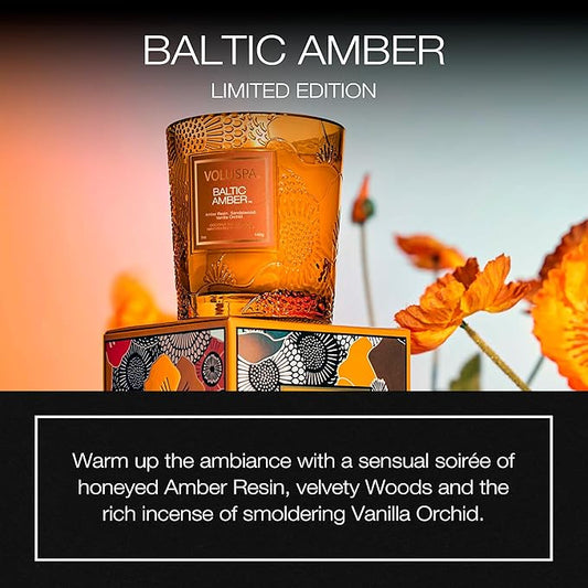 Voluspa Limited Edition Baltic Amber Classic Candle, 9 oz, Coconut Wax for Clean Burning, 60 Hour Burn Time, Amber Candle Handcrafted in The USA