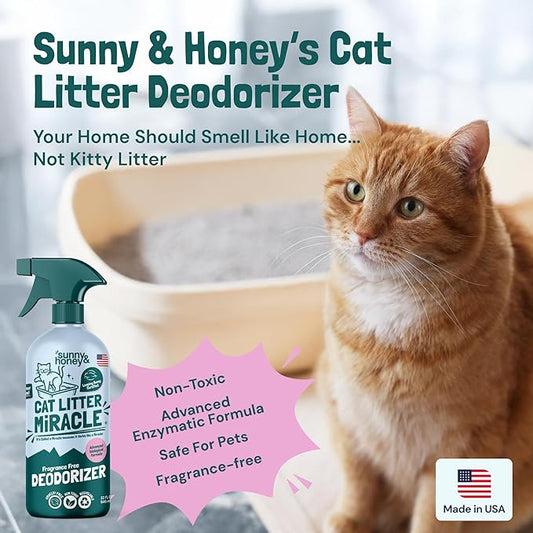 Sunny & Honey Cat Litter Deodorizer Spray - 32 fl oz, 1 Pack, Unscented - Source-Targeted Freshness & Litter Box Cleaner - Enzyme Cat Pee Cleaner - Fragrance-Free Deodorizer