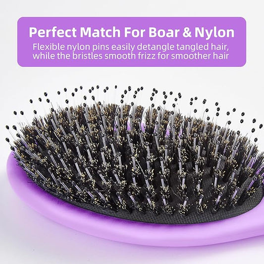 Boar Bristles Hair Brush for Women and Men, Detangling Hair Brush for Smoothing Massage Add Shine, Nylon&Boar Bristles Detangler brush for Hair Healthy (1 Pack-Purple)