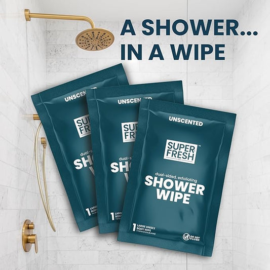 Super Fresh Shower Wipes Large Unscented Body Wipes for No Rinse Bathing Personal Hygiene Gym Travel or Camping Enriched with Aloe and Vitamin E 20 Individually Wrapped Disposable Sheets