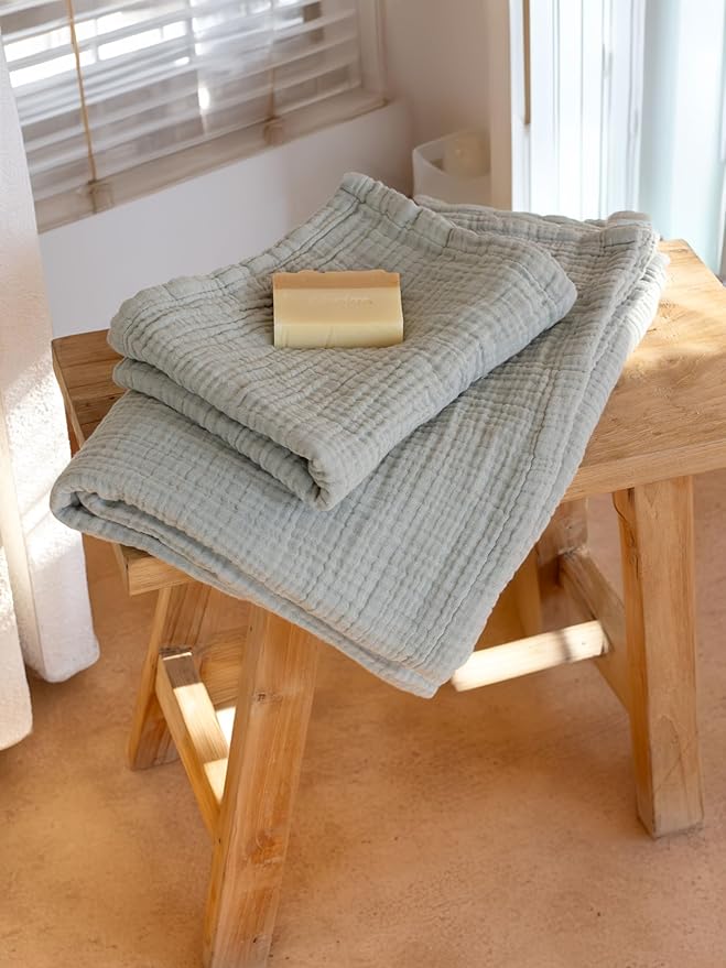 4 Pieces Muslin Towel Set for Bathroom, Luxury 100% Turkish Cotton Thin Soft Quick-Dry Lint-Free Large Size Bath Hand Towel Sets (Sage Green, 2 Bath & 2 Hand Towel Set)