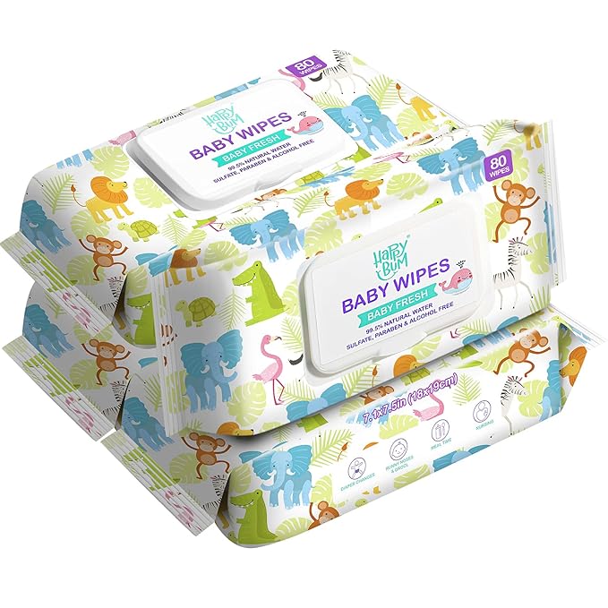 HAPPY BUM Sensitive Water Baby Diaper Wipes, Baby Wipes, Unscented, 4 Flip-top packs (320 Wipes Total)