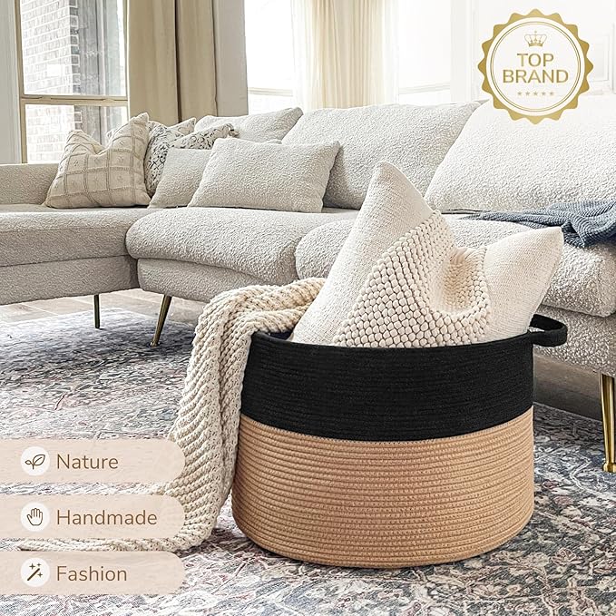 INDRESSME XXXLarge Cotton Rope Basket Woven Baby Laundry Basket Blanket Baskets Toy Baskets with Handle Comforter Cushions Storage Bin Thread Laundry Hamper - 21.7" x 21.7" x 13.8"