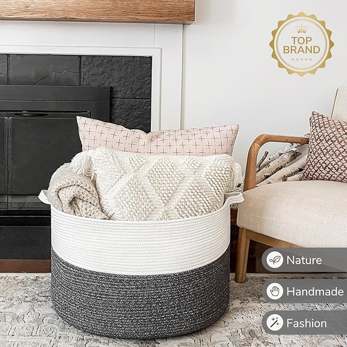 INDRESSME XXXLarge Cotton Rope Basket 21.7" x 21.7" x 13.8" Woven Baby Laundry Baskets Blanket Basket Toy Baskets with Handle Storage Comforter Cushions Gray Laundry Hamper