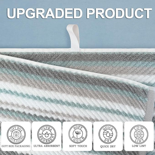 VOOVA & MOVAS 3PCS Bathroom Towels, 100% Cotton, Quick Dry, Thick, Soft, 1PC Stripe Bath Towel 30"x54", White Hand Towel 18"x28", Gray Washcloth 13"x13", Bathroom Essentials