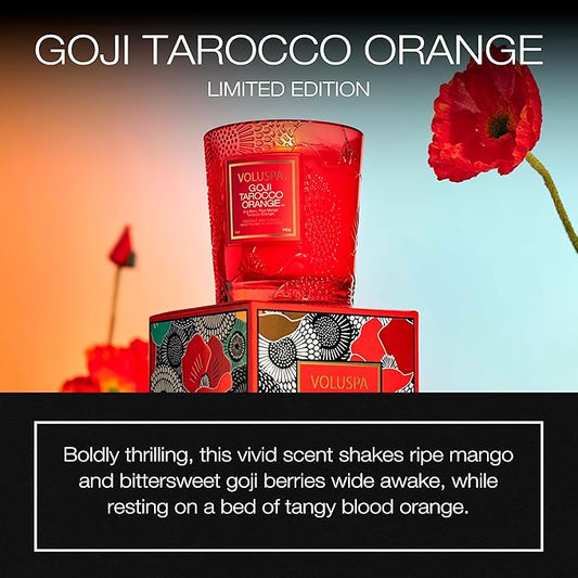 Voluspa Limited Edition Goji Tarocco Orange Classic Candle, 9 oz, 60 Hour Burn Time, Coconut Wax for Clean Burning, Handcrafted in The USA