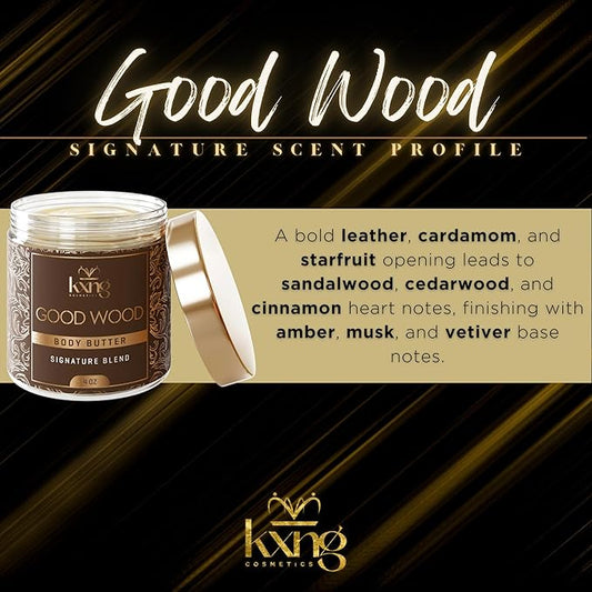 KXNG Cosmetics, Body Butter, Organic Skin Care for Men and Women, Body Moisturizer Lotions and Creams, Raw Shea Butter, Cocoa Butter, Mango, Coconut Oil, Hand, Foot, All Skin Types (Good Wood)