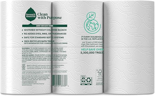 Seventh Generation Toilet Paper Recycled Bath Tissue 4-Pack 100% Recycled Paper 2-ply without Chlorine Bleach 12 Rolls