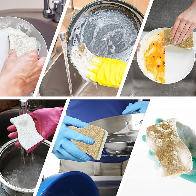 16 Pack Biodegradable Natural Kitchen Sponge - Compostable Cellulose and Coconut Walnut Scrubber Sponge - Eco Friendly Sustainable Sponges for Dishes