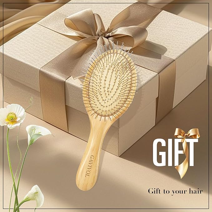 Bamboo Paddle Hairbrush with Steel Bristles for Anti-Static Detangling & Scalp Massage – Wooden Handle Brush for Hair Growth, All Hair Types