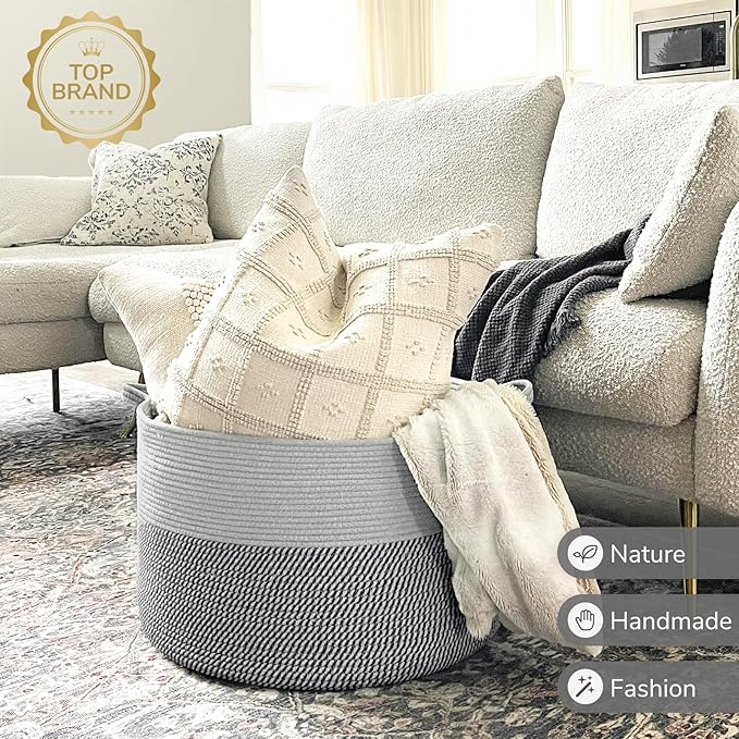 INDRESSME Extra Large Laundry Basket, Cotton Rope Blanket Basket for Nursery Living Room, Decorative Woven Storage Basket with Handles for Dirty Clothes, Toy Bin For Dog Toys, 21.7 x 13.8 inches, Grey