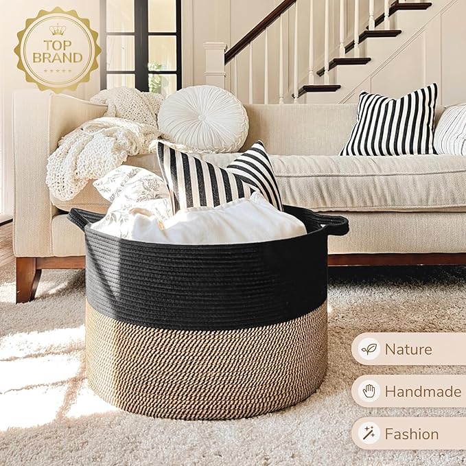 INDRESSME Large Storage Baskets for Organizing, 21.7 x 13.8 Blanket Basket Living Room Dog Toy Bin, Woven Laundry Basket for Dirty Clothes, Pillows, Towel, 90L Mix Black
