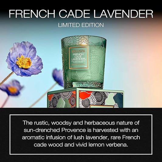 Voluspa Limited Edition French Cade Lavender Classic Candle, 9 oz, Coconut Wax for Clean Burning, 60 Hour Burn Time, Lavender Candle Handmade in The USA