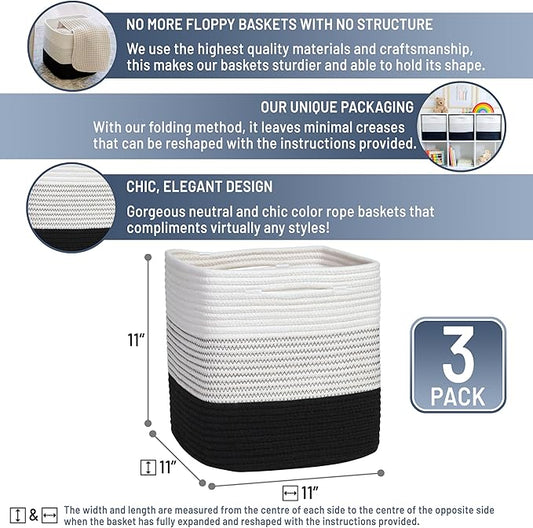 NaturalCozy Storage Cubes 11 Inch Cotton Rope Woven Baskets for Organizing, 3-Pack | Cube Storage Bin | Square Storage Baskets for Shelves Organizer, Classroom, Kids Toy Bins, Closet, Baby Nursery