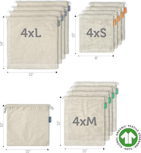 12+1 Reusable Produce Bags Grocery Washable, Organic Cotton Mesh Produce Bags, Double-Stitched & Tare Weigh, Mesh bags for vegetables, Cotton Produce Bags Reusable Washable, Produce bag 4xS, 4xM, 4xL