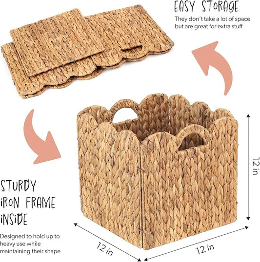 Set of 4 Foldable Scalloped Water Hyacinth Storage Cubes Basket, Storage Cube Bins -12"x12"x12", Collapsible Cube Organizers, Water Hyacinth Woven Bins for Bathroom, Bedroom, Laundry, Pantry, Shelves