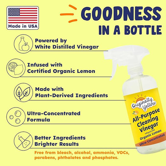 Originally Yellow Lemon Vinegar All Purpose Cleaning Spray | Distilled Cleaning Vinegar | Plant-Derived All Purpose Cleaner | Living Room, Bathroom, & Kitchen | 3 Pack