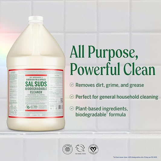 Dr. Bronner's - Sal Suds Biodegradable Cleaner (1 Gallon) - All-Purpose, Pine Cleaner for Floors, Laundry and Dishes, Concentrated, Cuts Grease and Dirt, Powerful Formula