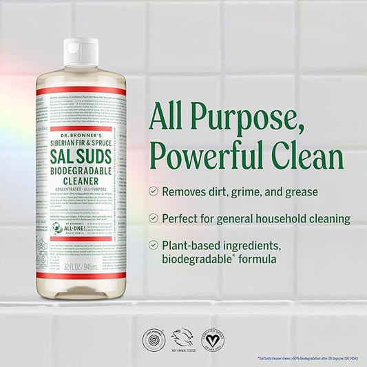 Dr. Bronner's - Sal Suds Biodegradable Cleaner (32oz, 2-Pack) – Concentrated All Purpose Cleaning Solution & Mop Soap, For Floors, Laundry & Dishes – Powerful Formula Made with Plant-Based Surfactants