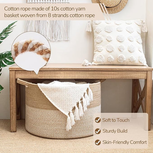 INDRESSME Extra Large Woven Baskets for Storage, 21.7'' x 13.8'' Wicker Basket with Handle for Blankets, Big Laundry Baskets for Clothes, Pillows, Towel, Shoe Basket for Entryway, 90L White Jute