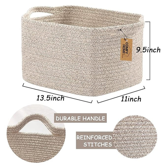 COMFY-HOMI 3PACK Cotton Rope Woven Basket With Handles for Shelves, Toy, Book, Cloth Storage Basket for Organizing|13.5" x 11" x 9.5" Decorative Nursery Cube Bin for Living Room(all brown)
